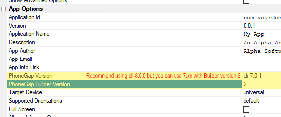 Set the Cordova version to cli-8.0.0